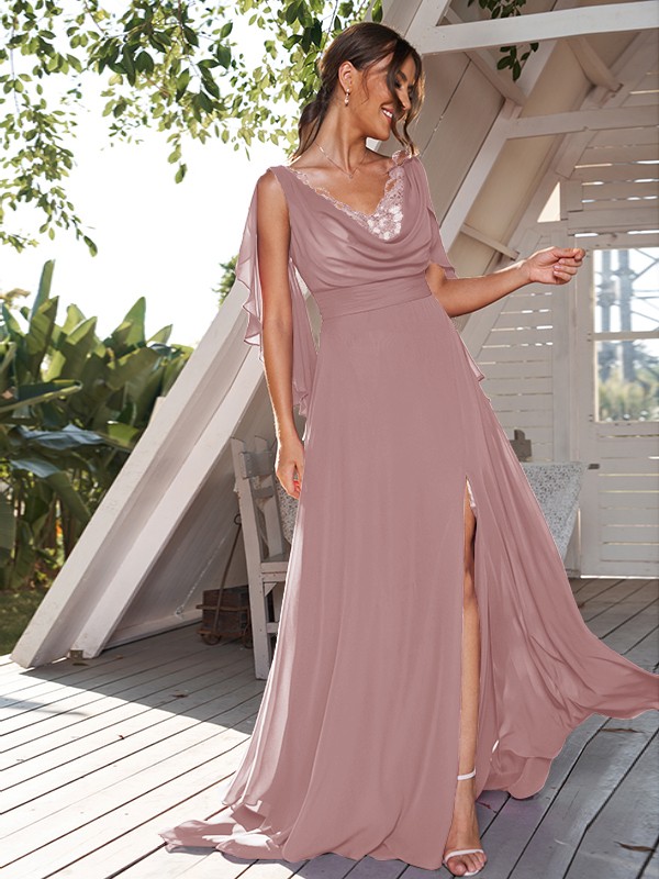 A-Line/Princess Chiffon Ruched V-neck Sleeveless Sweep/Brush Train Bridesmaid Dresses 2190