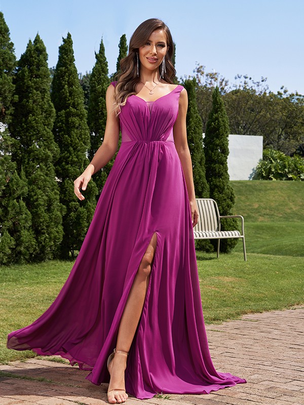 A-Line/Princess Chiffon Ruched V-neck Sleeveless Sweep/Brush Train Bridesmaid Dresses 2191