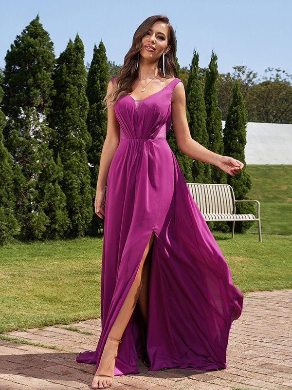 A-Line/Princess Chiffon Ruched V-neck Sleeveless Sweep/Brush Train Bridesmaid Dresses 2191