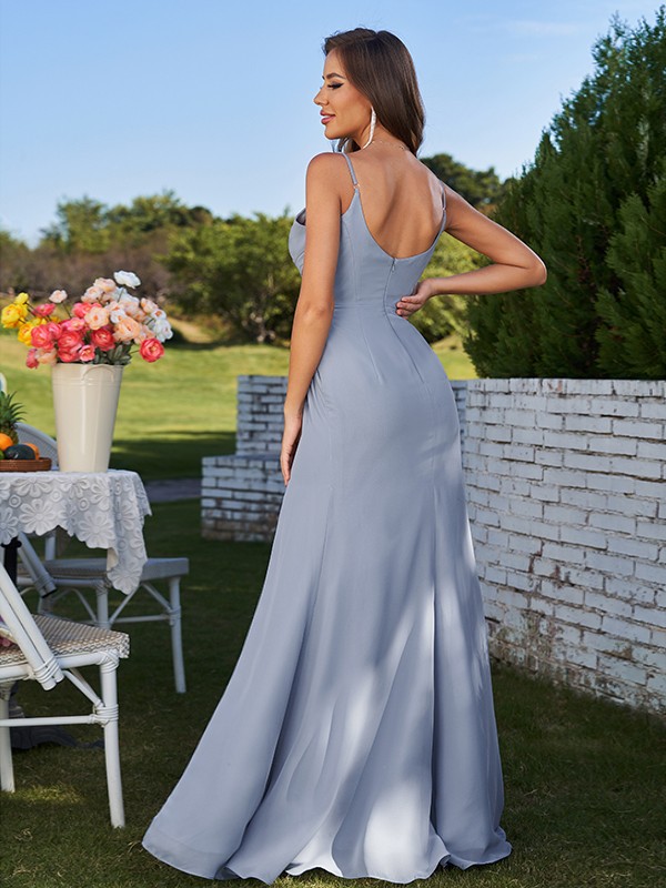 Sheath/Column Chiffon Ruched Spaghetti Straps Sleeveless Sweep/Brush Train Bridesmaid Dresses 2907