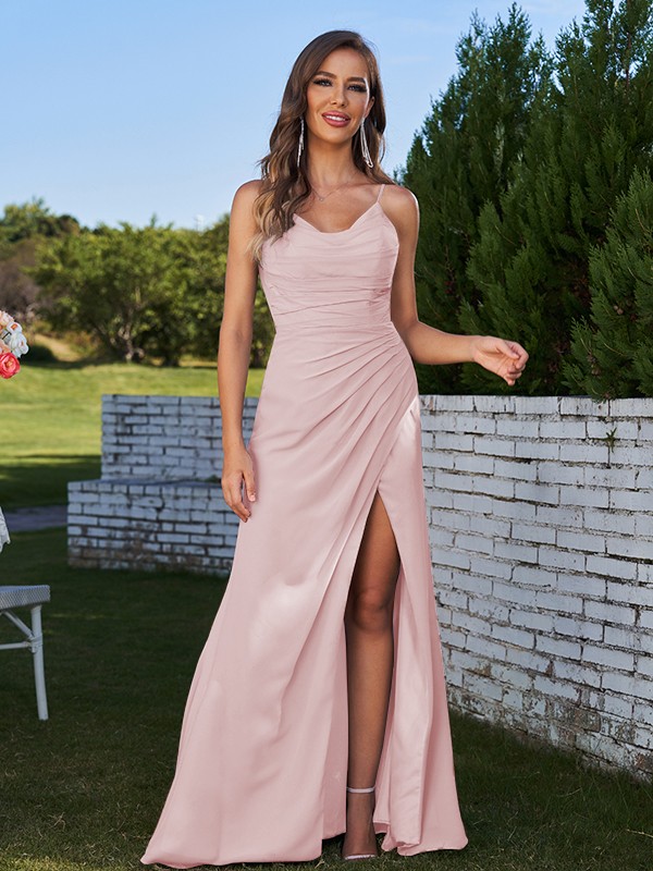 Sheath/Column Chiffon Ruched Spaghetti Straps Sleeveless Sweep/Brush Train Bridesmaid Dresses 2907