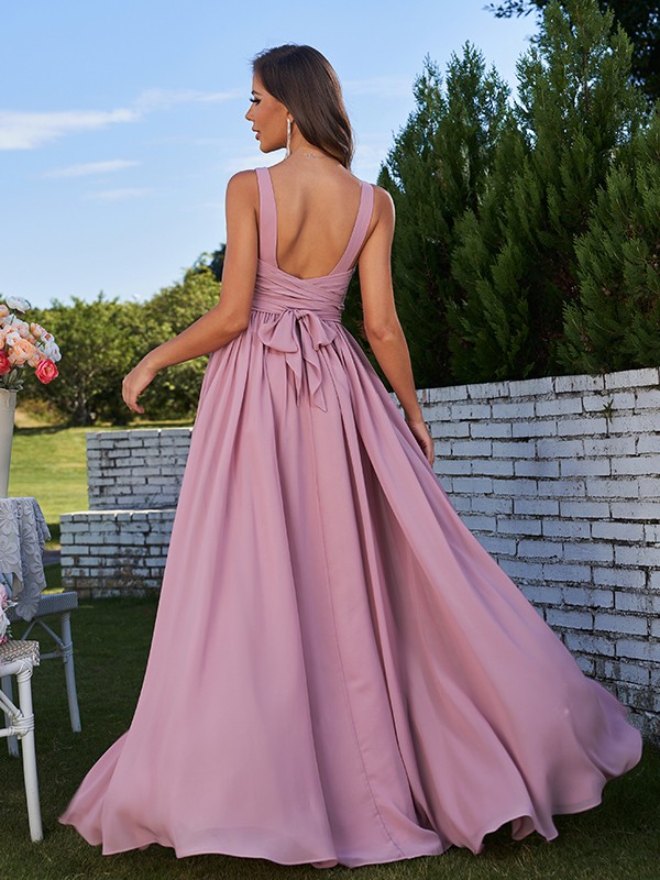 A-Line/Princess Chiffon Ruched V-neck Sleeveless Sweep/Brush Train Bridesmaid Dresses 2192