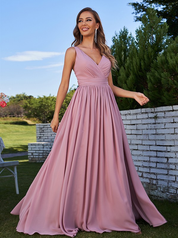 A-Line/Princess Chiffon Ruched V-neck Sleeveless Sweep/Brush Train Bridesmaid Dresses 2192