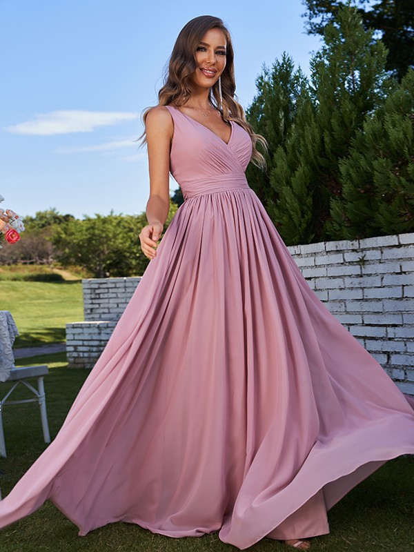 A-Line/Princess Chiffon Ruched V-neck Sleeveless Sweep/Brush Train Bridesmaid Dresses 2192