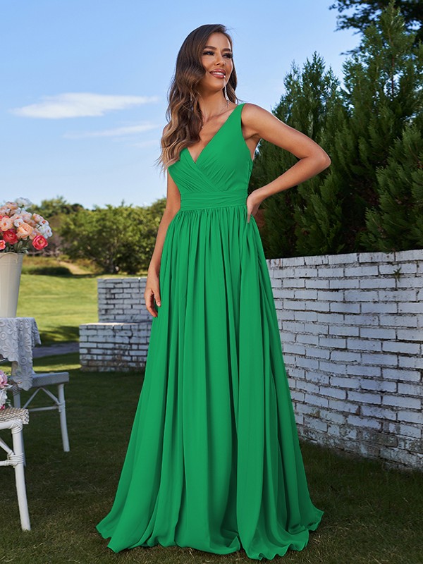 A-Line/Princess Chiffon Ruched V-neck Sleeveless Sweep/Brush Train Bridesmaid Dresses 2192