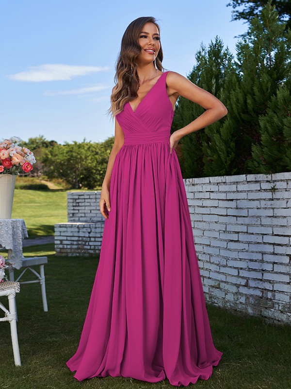 A-Line/Princess Chiffon Ruched V-neck Sleeveless Sweep/Brush Train Bridesmaid Dresses 2192