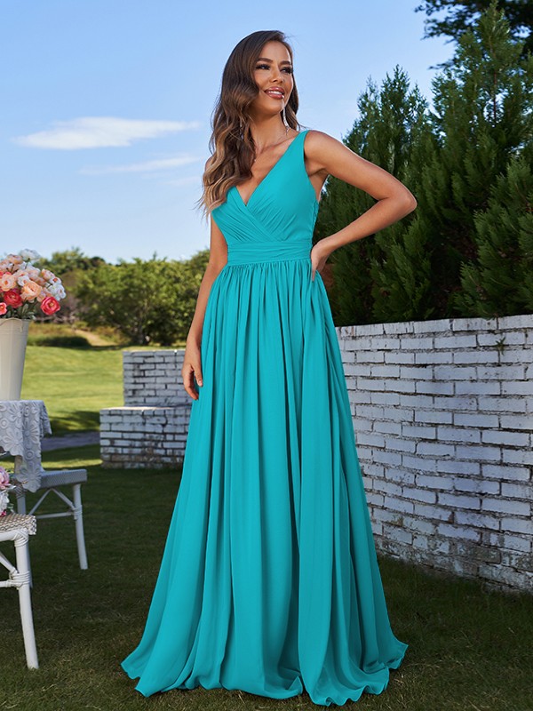 A-Line/Princess Chiffon Ruched V-neck Sleeveless Sweep/Brush Train Bridesmaid Dresses 2192