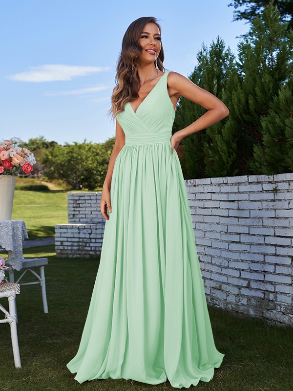 A-Line/Princess Chiffon Ruched V-neck Sleeveless Sweep/Brush Train Bridesmaid Dresses 2192