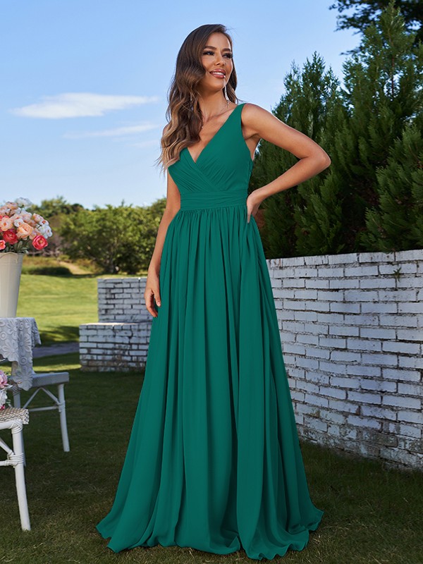 A-Line/Princess Chiffon Ruched V-neck Sleeveless Sweep/Brush Train Bridesmaid Dresses 2192