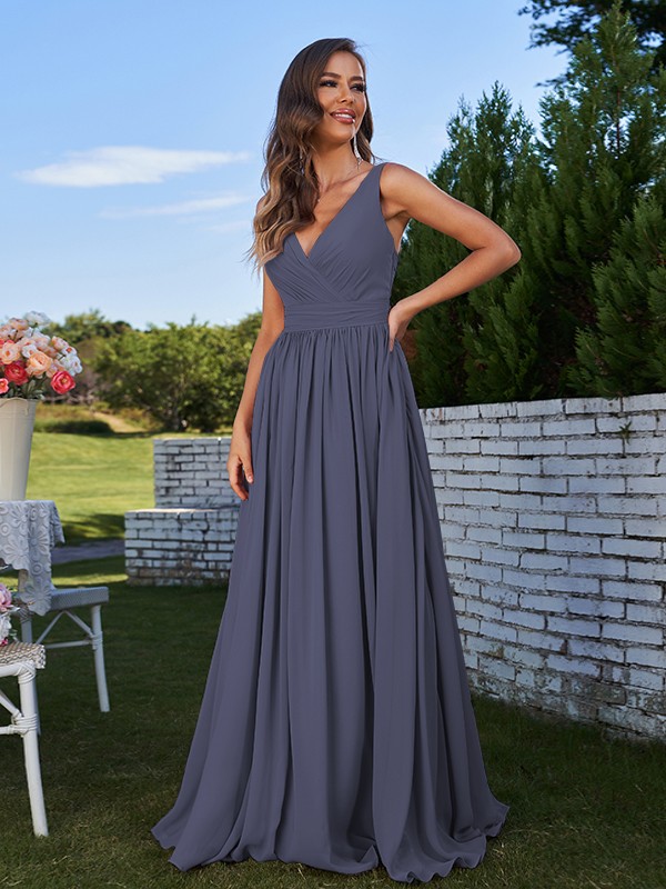 A-Line/Princess Chiffon Ruched V-neck Sleeveless Sweep/Brush Train Bridesmaid Dresses 2192