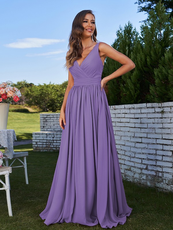 A-Line/Princess Chiffon Ruched V-neck Sleeveless Sweep/Brush Train Bridesmaid Dresses 2192