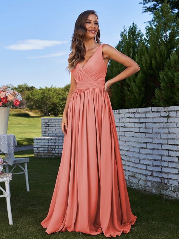 A-Line/Princess Chiffon Ruched V-neck Sleeveless Sweep/Brush Train Bridesmaid Dresses 2192