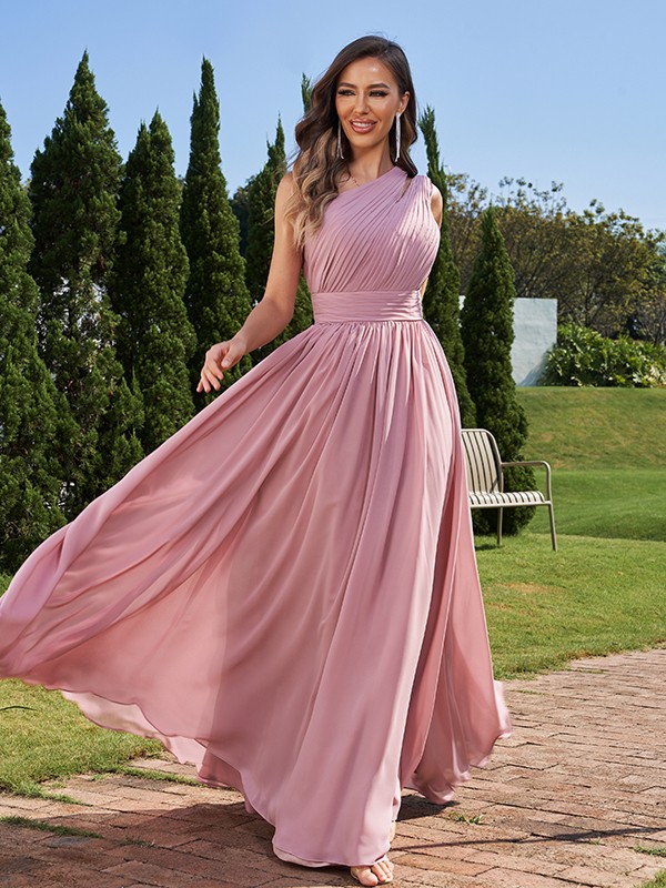 A-Line/Princess Chiffon Ruched One-Shoulder Sleeveless Floor-Length Bridesmaid Dresses 2162