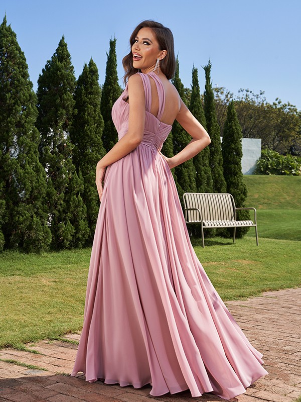 A-Line/Princess Chiffon Ruched One-Shoulder Sleeveless Floor-Length Bridesmaid Dresses 2162