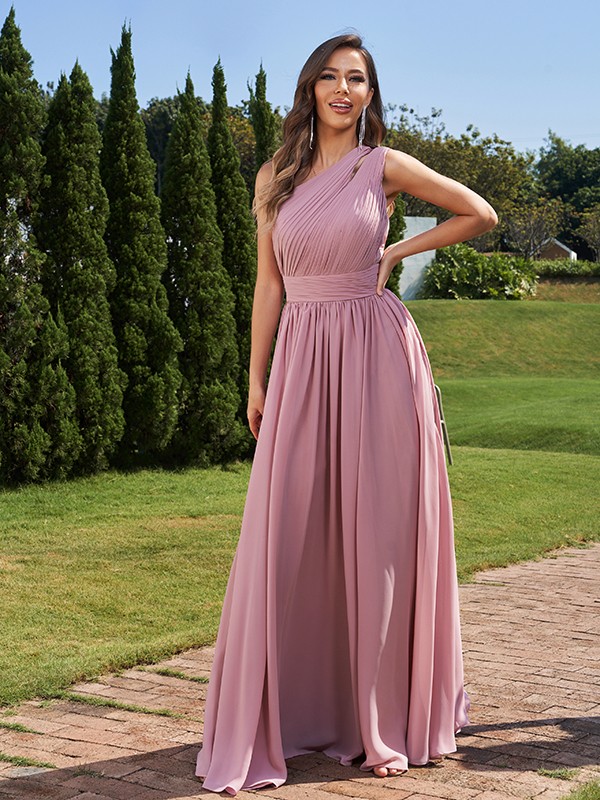 A-Line/Princess Chiffon Ruched One-Shoulder Sleeveless Floor-Length Bridesmaid Dresses 2162