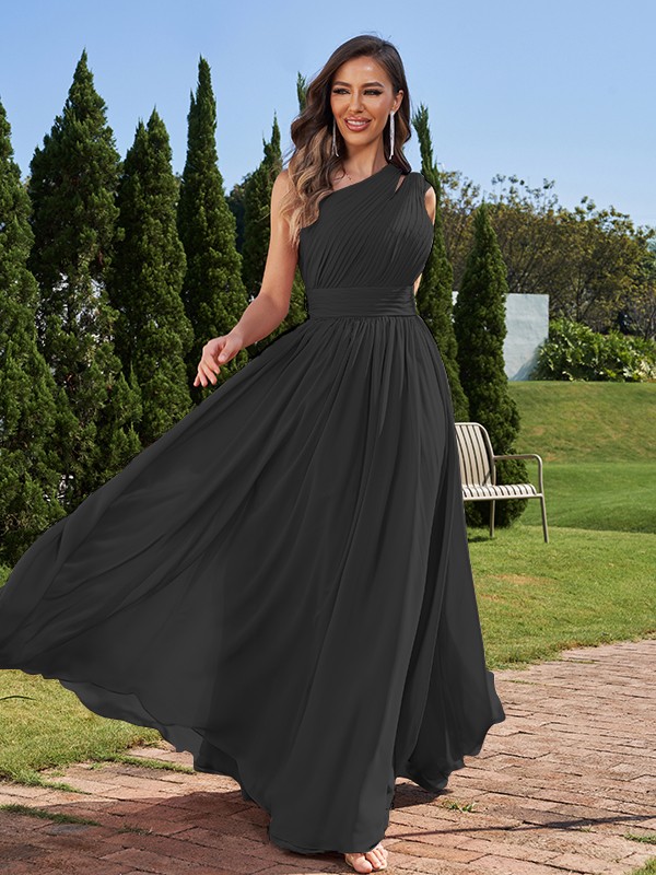 A-Line/Princess Chiffon Ruched One-Shoulder Sleeveless Floor-Length Bridesmaid Dresses 2162