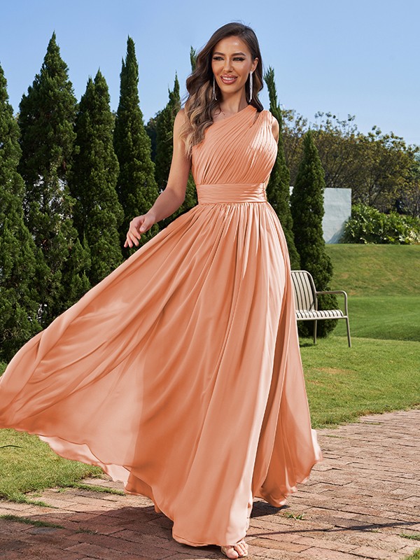 A-Line/Princess Chiffon Ruched One-Shoulder Sleeveless Floor-Length Bridesmaid Dresses 2162