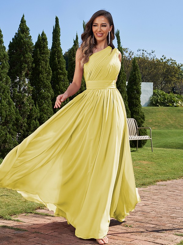 A-Line/Princess Chiffon Ruched One-Shoulder Sleeveless Floor-Length Bridesmaid Dresses 2162