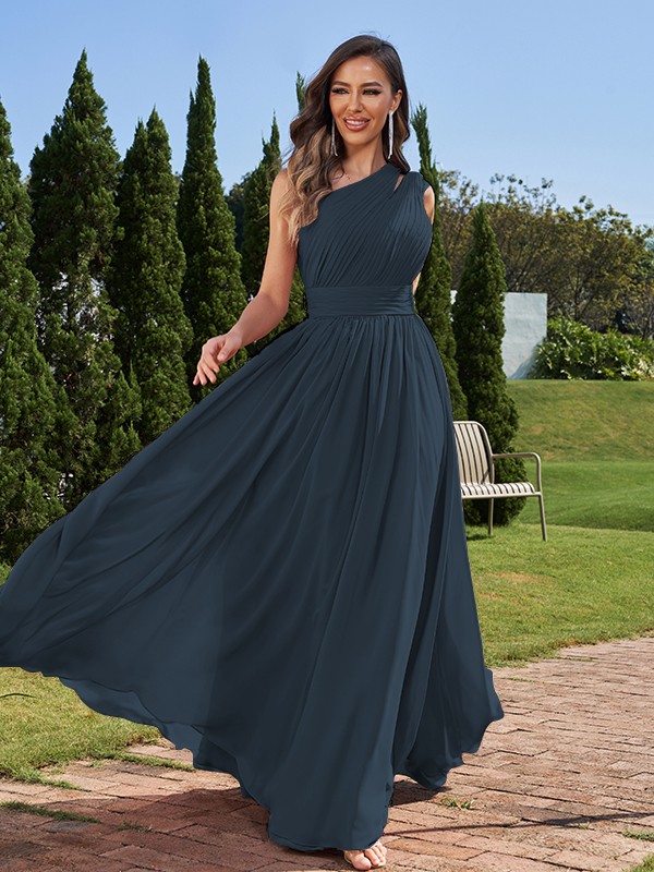 A-Line/Princess Chiffon Ruched One-Shoulder Sleeveless Floor-Length Bridesmaid Dresses 2162