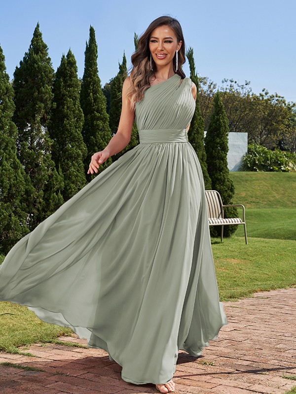 A-Line/Princess Chiffon Ruched One-Shoulder Sleeveless Floor-Length Bridesmaid Dresses 2162