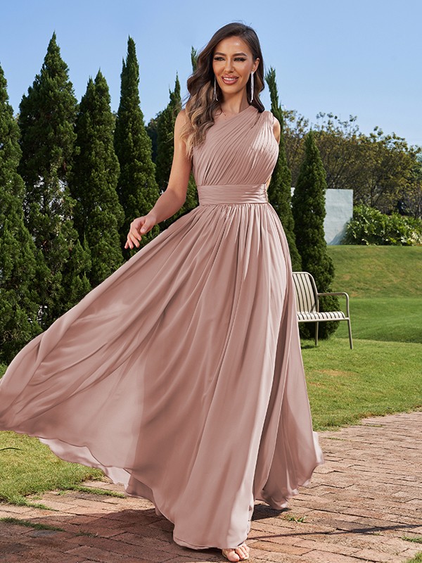 A-Line/Princess Chiffon Ruched One-Shoulder Sleeveless Floor-Length Bridesmaid Dresses 2162