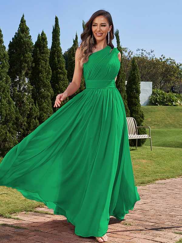 A-Line/Princess Chiffon Ruched One-Shoulder Sleeveless Floor-Length Bridesmaid Dresses 2162