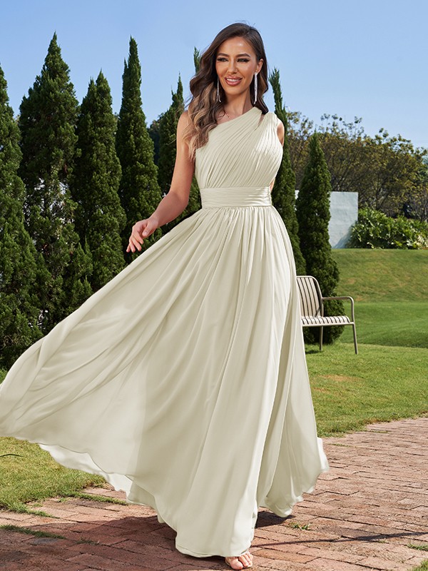 A-Line/Princess Chiffon Ruched One-Shoulder Sleeveless Floor-Length Bridesmaid Dresses 2162