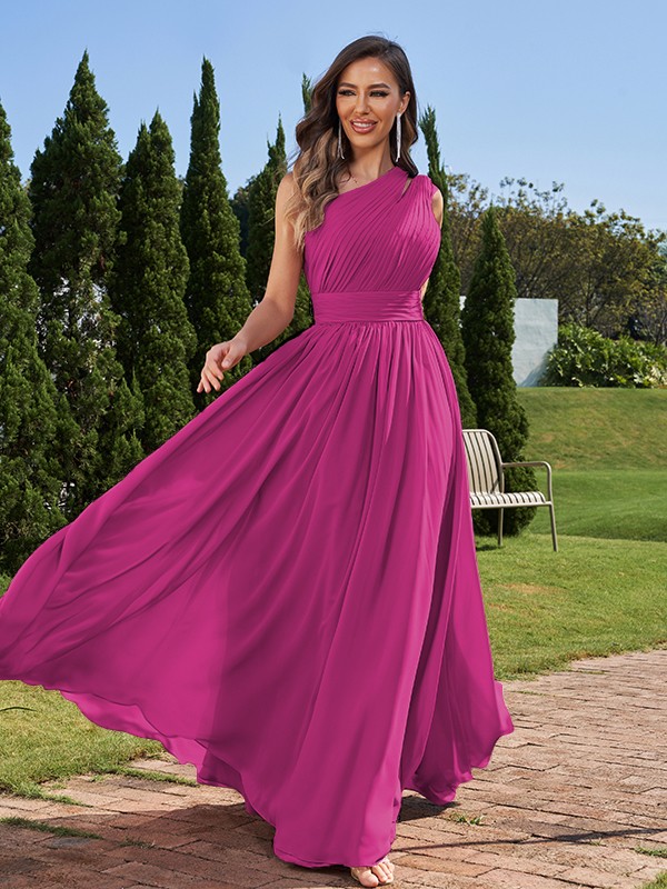 A-Line/Princess Chiffon Ruched One-Shoulder Sleeveless Floor-Length Bridesmaid Dresses 2162