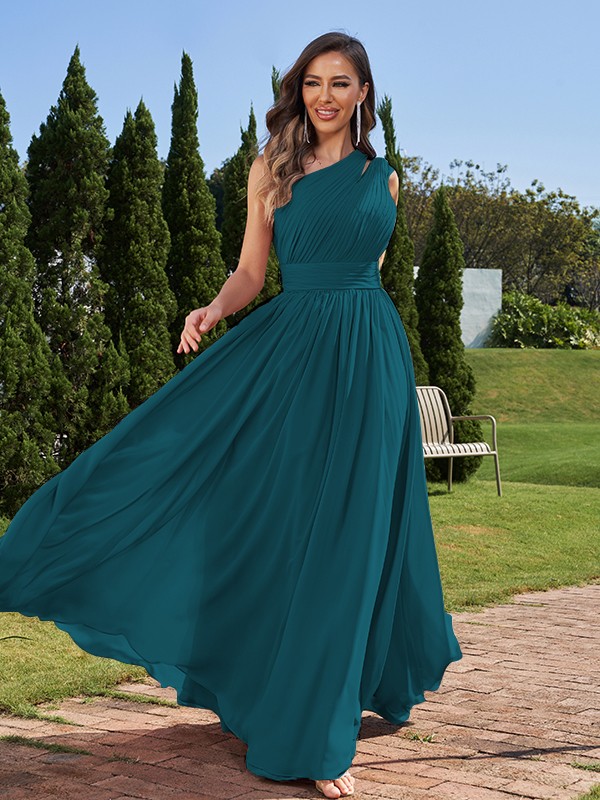 A-Line/Princess Chiffon Ruched One-Shoulder Sleeveless Floor-Length Bridesmaid Dresses 2162