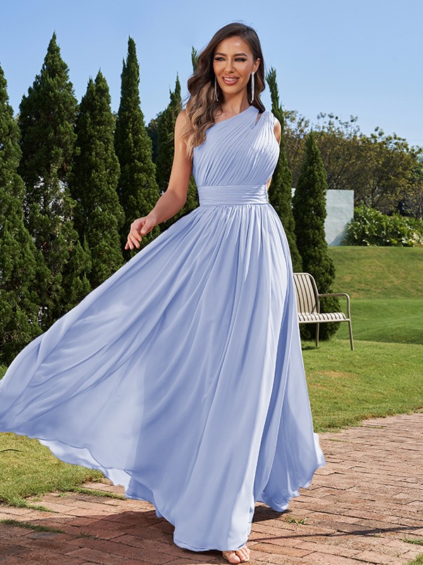 A-Line/Princess Chiffon Ruched One-Shoulder Sleeveless Floor-Length Bridesmaid Dresses 2162