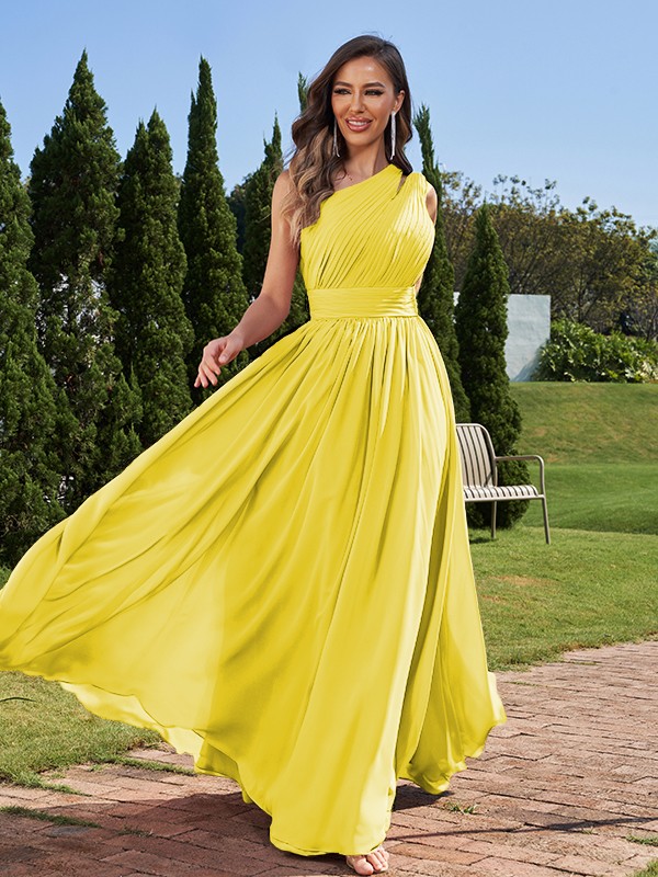 A-Line/Princess Chiffon Ruched One-Shoulder Sleeveless Floor-Length Bridesmaid Dresses 2162