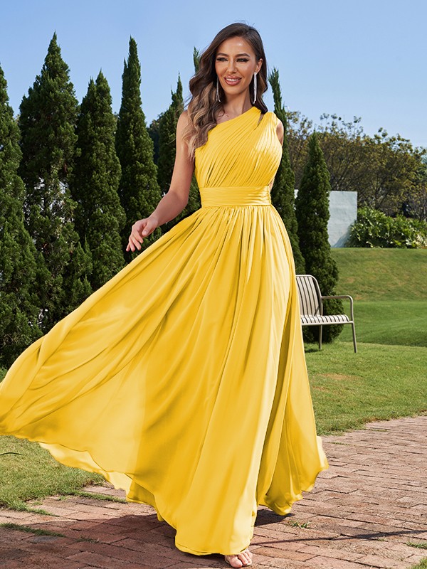 A-Line/Princess Chiffon Ruched One-Shoulder Sleeveless Floor-Length Bridesmaid Dresses 2162