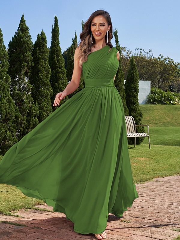 A-Line/Princess Chiffon Ruched One-Shoulder Sleeveless Floor-Length Bridesmaid Dresses 2162