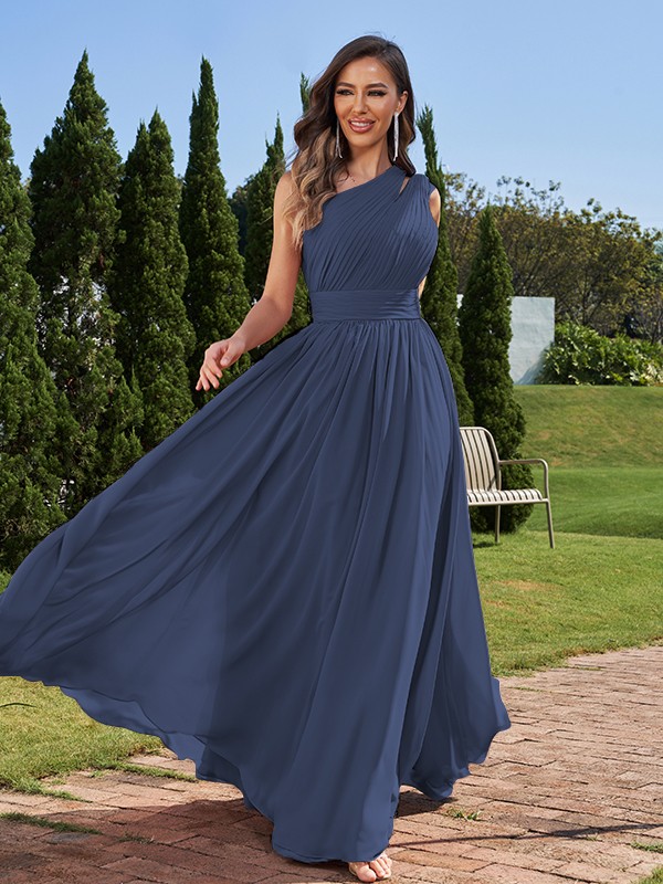 A-Line/Princess Chiffon Ruched One-Shoulder Sleeveless Floor-Length Bridesmaid Dresses 2162