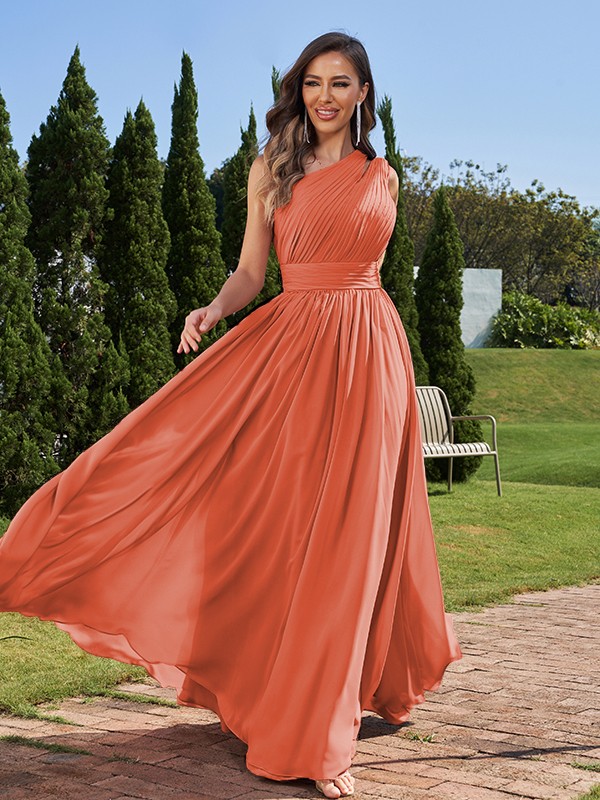 A-Line/Princess Chiffon Ruched One-Shoulder Sleeveless Floor-Length Bridesmaid Dresses 2162