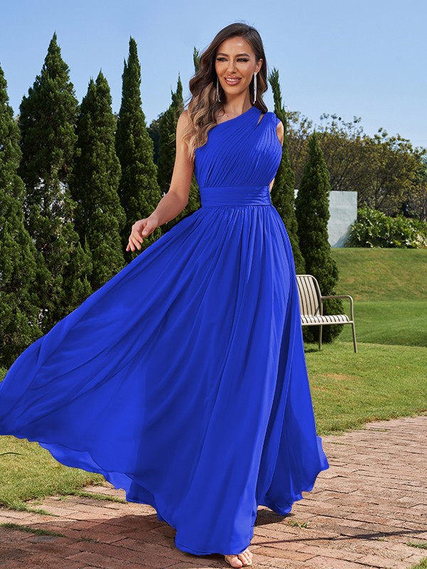 A-Line/Princess Chiffon Ruched One-Shoulder Sleeveless Floor-Length Bridesmaid Dresses 2162