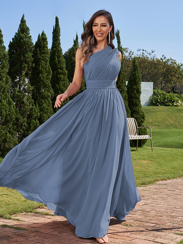 A-Line/Princess Chiffon Ruched One-Shoulder Sleeveless Floor-Length Bridesmaid Dresses 2162