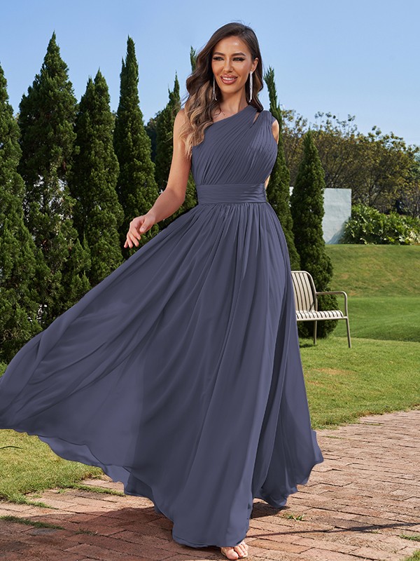 A-Line/Princess Chiffon Ruched One-Shoulder Sleeveless Floor-Length Bridesmaid Dresses 2162