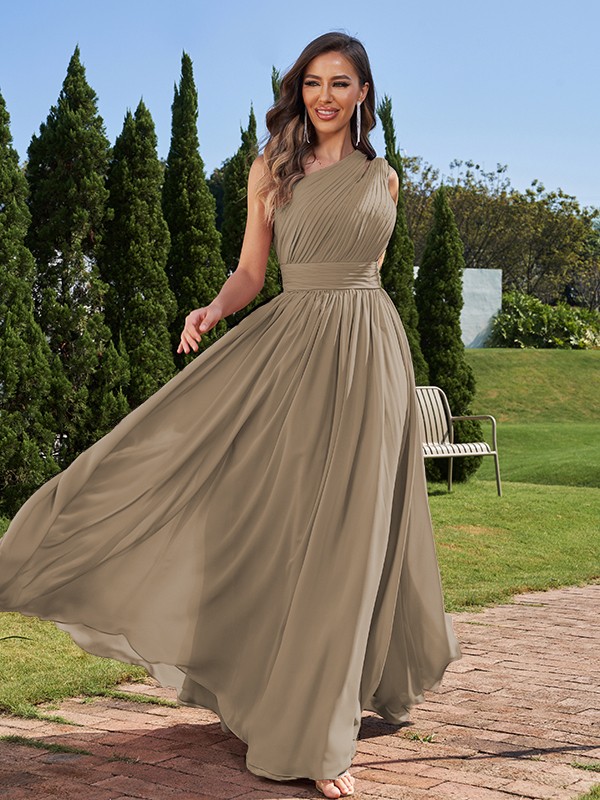 A-Line/Princess Chiffon Ruched One-Shoulder Sleeveless Floor-Length Bridesmaid Dresses 2162