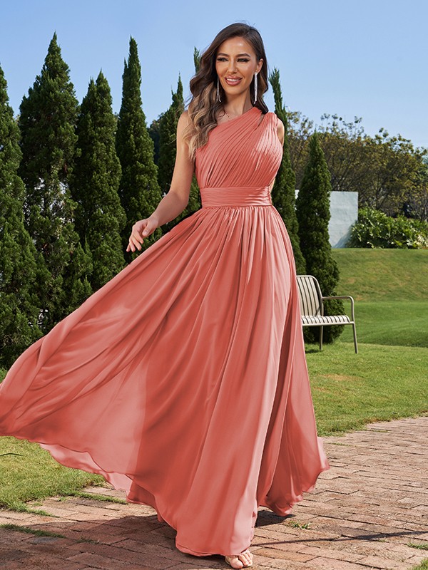 A-Line/Princess Chiffon Ruched One-Shoulder Sleeveless Floor-Length Bridesmaid Dresses 2162