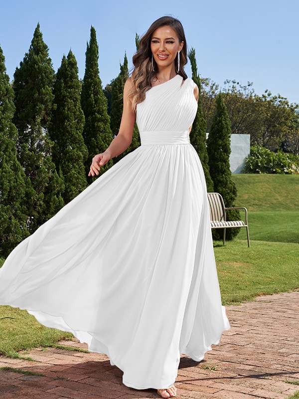 A-Line/Princess Chiffon Ruched One-Shoulder Sleeveless Floor-Length Bridesmaid Dresses 2162