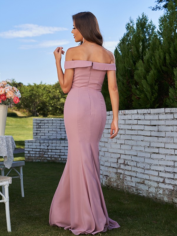 Sheath/Column Chiffon Ruched Off-the-Shoulder Sleeveless Sweep/Brush Train Bridesmaid Dresses 2899