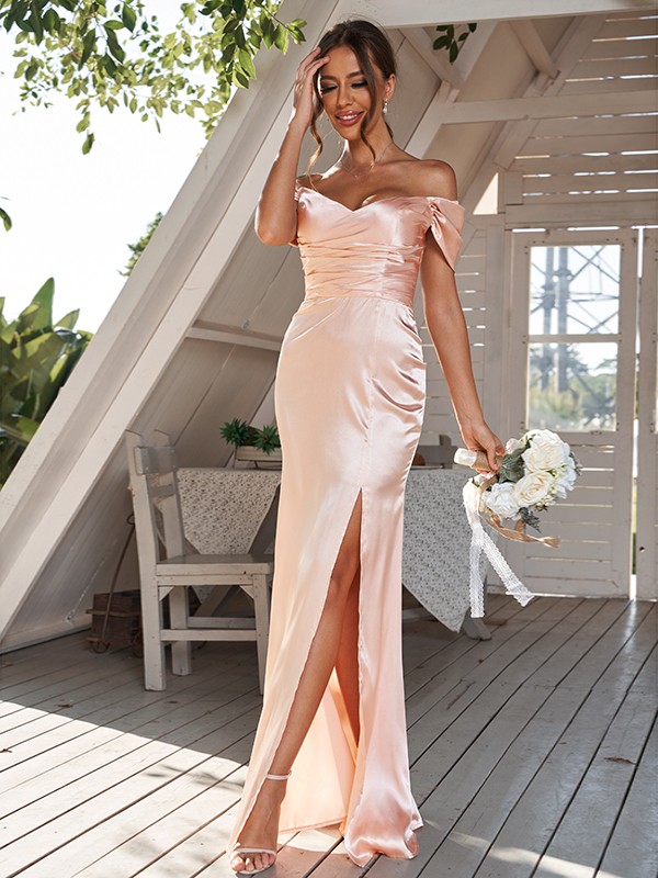 Sheath/Column Silk like Satin Ruched Off-the-Shoulder Sleeveless Floor-Length Bridesmaid Dresses 3056