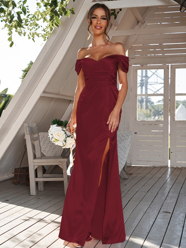 Sheath/Column Silk like Satin Ruched Off-the-Shoulder Sleeveless Floor-Length Bridesmaid Dresses 3056