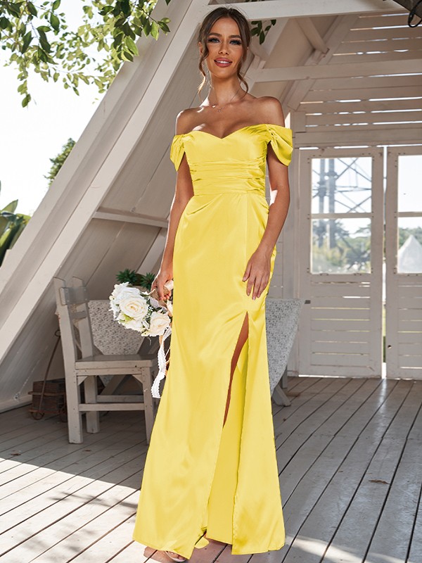 Sheath/Column Silk like Satin Ruched Off-the-Shoulder Sleeveless Floor-Length Bridesmaid Dresses 3056