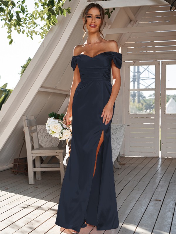 Sheath/Column Silk like Satin Ruched Off-the-Shoulder Sleeveless Floor-Length Bridesmaid Dresses 3056