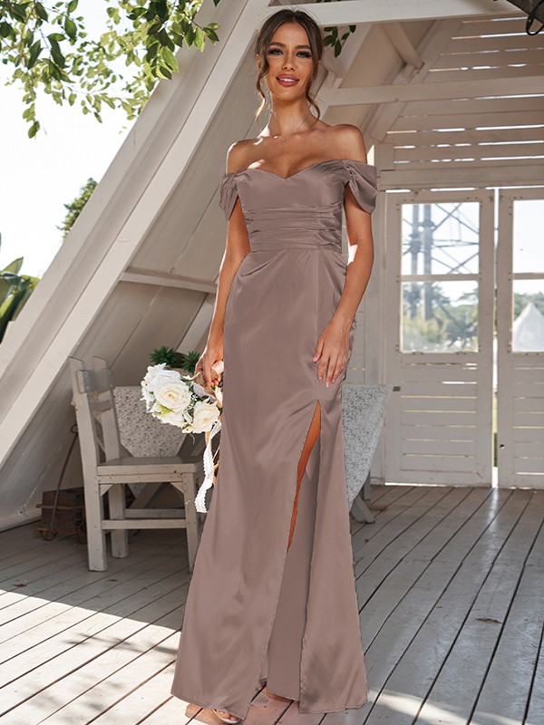 Sheath/Column Silk like Satin Ruched Off-the-Shoulder Sleeveless Floor-Length Bridesmaid Dresses 3056