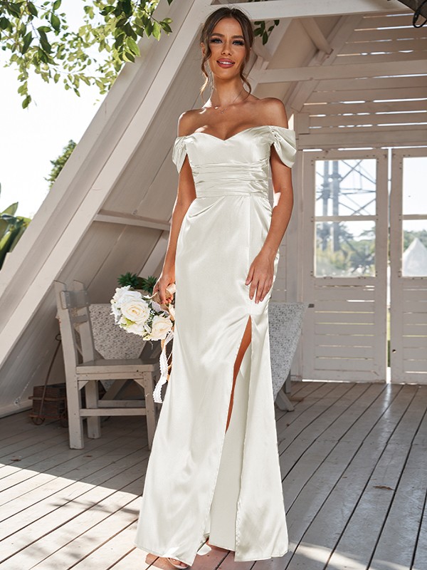 Sheath/Column Silk like Satin Ruched Off-the-Shoulder Sleeveless Floor-Length Bridesmaid Dresses 3056