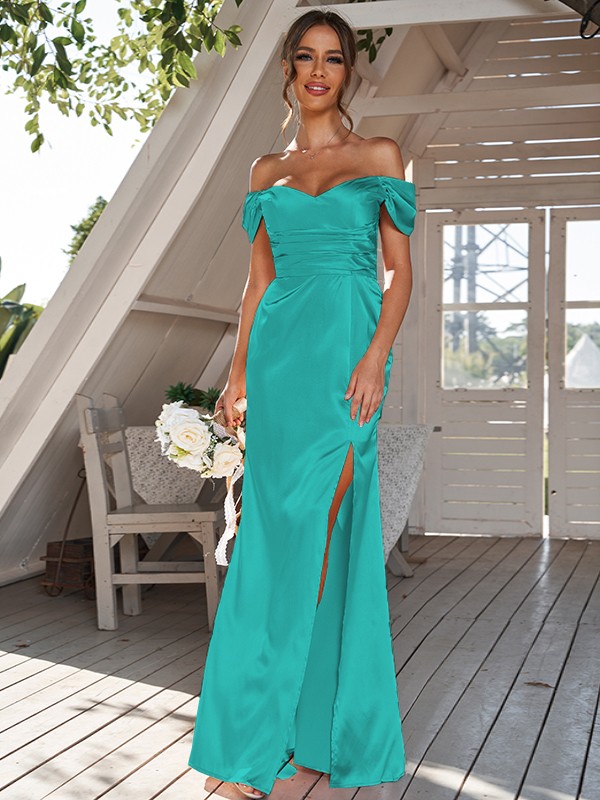 Sheath/Column Silk like Satin Ruched Off-the-Shoulder Sleeveless Floor-Length Bridesmaid Dresses 3056