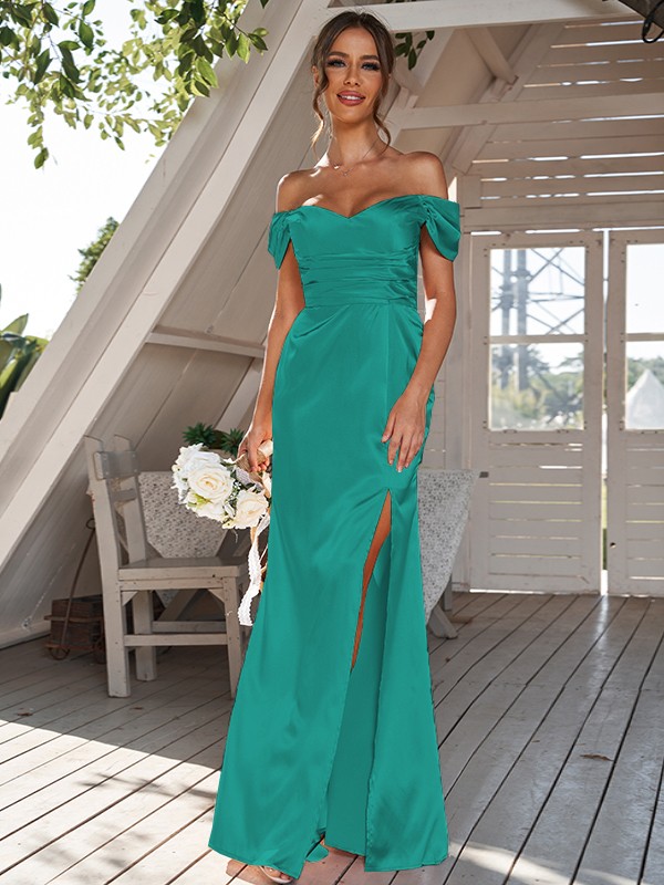 Sheath/Column Silk like Satin Ruched Off-the-Shoulder Sleeveless Floor-Length Bridesmaid Dresses 3056